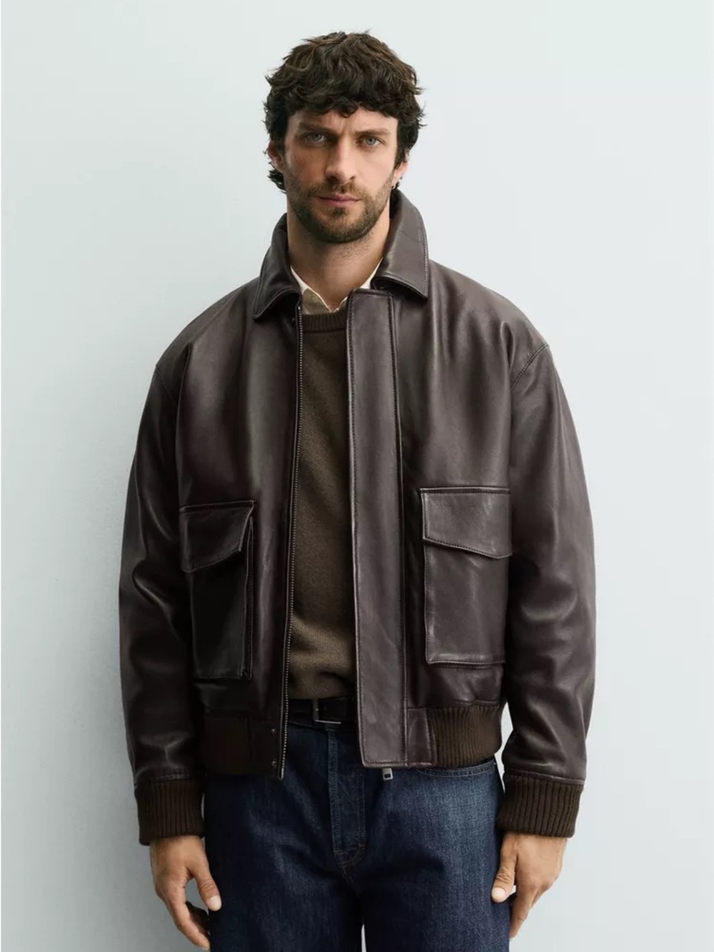 NWT Zara Men's Dark Brown 100% Leather Bomber Jacket